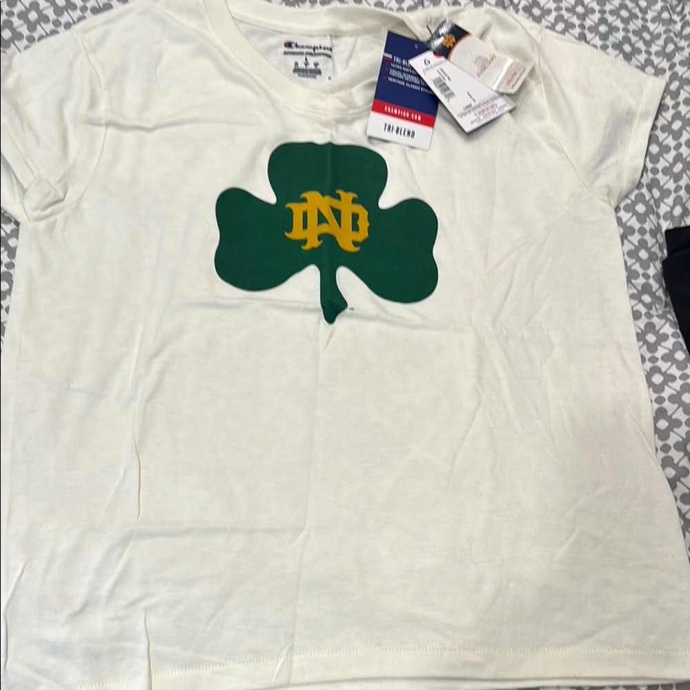 Champion Ivory Tee with Green Clover and Gold Letters